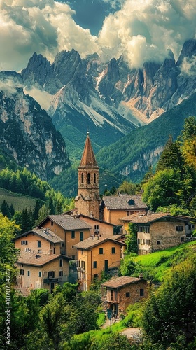 Wallpaper Mural Charming village nestled in the mountains, showcasing stunning peaks and a serene landscape under a dramatic sky. Torontodigital.ca