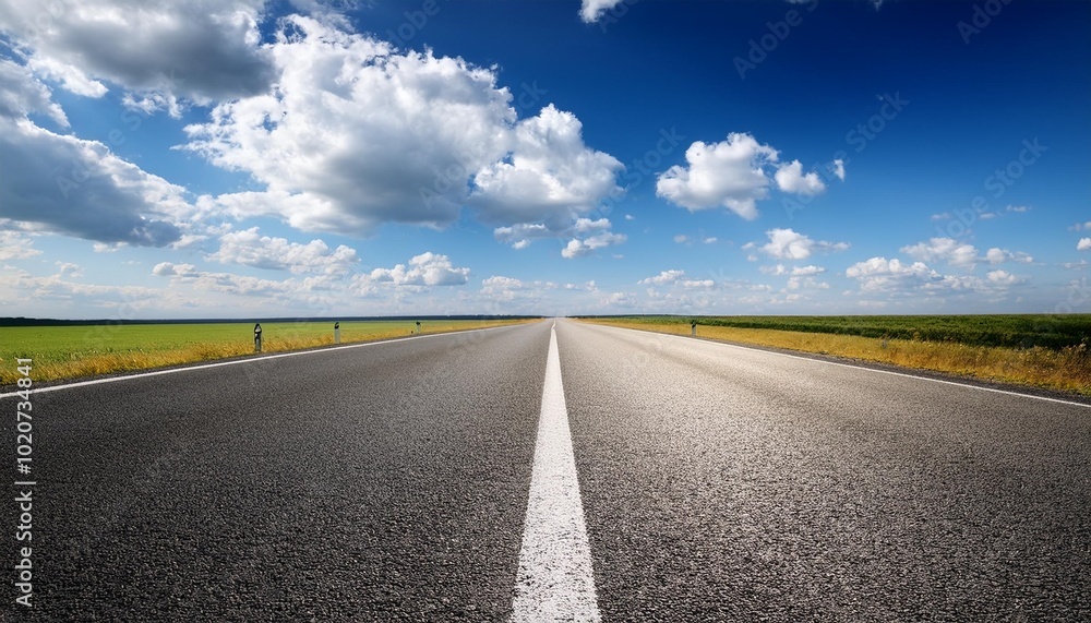 Naklejka premium empty road stretching into distance under vibrant blue sky with fluffy clouds