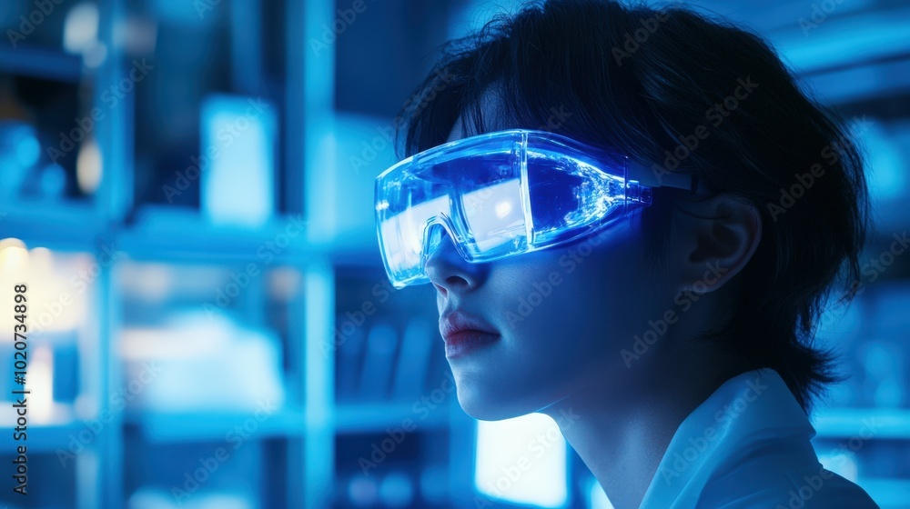 young person wearing futuristic virtual reality goggles young person wearing futuristic virtual reality goggles