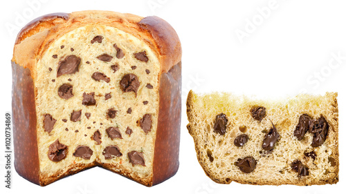 chocolate stuffed panettone, typical Brazilian sweet bread served as a dessert for Christmas and New Year celebrations. Known as chocotone. Christmas food isolated on white background. photo