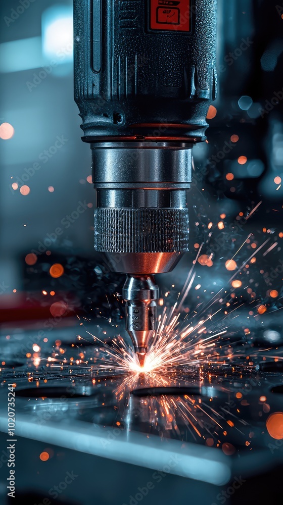 Close-up of a drill producing sparks while working on metal, showcasing the precision and intensity of industrial processes. Close-up of a drill producing sparks while working on metal, showcasing the precision and intensity of industrial processes.