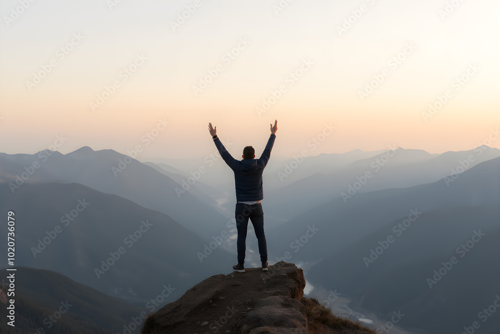 A man with his arms raised on top of a mountain A man with his arms raised on top of a mountain