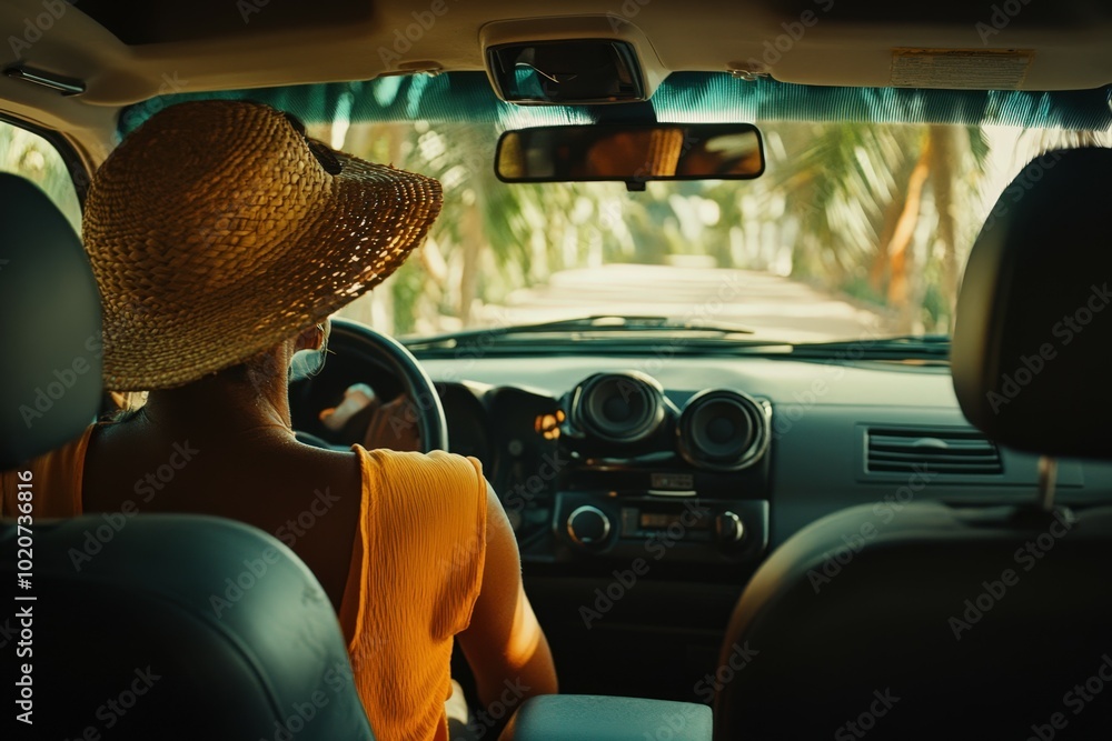 Naklejka premium Driving through the countryside in a vintage car