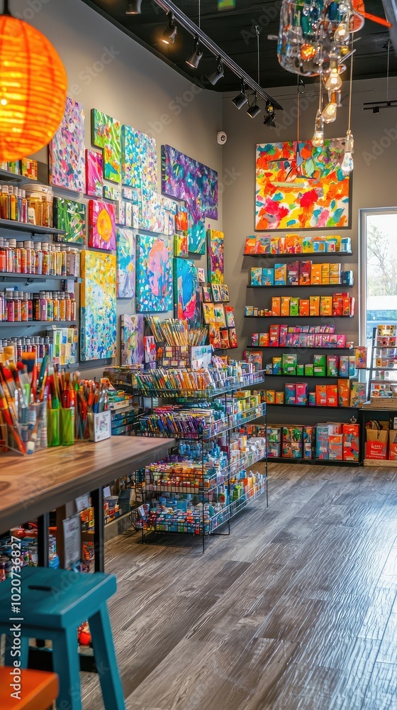 Naklejka premium Colorful art supply store filled with vibrant paint, brushes, and creative materials for artists and crafts enthusiasts.