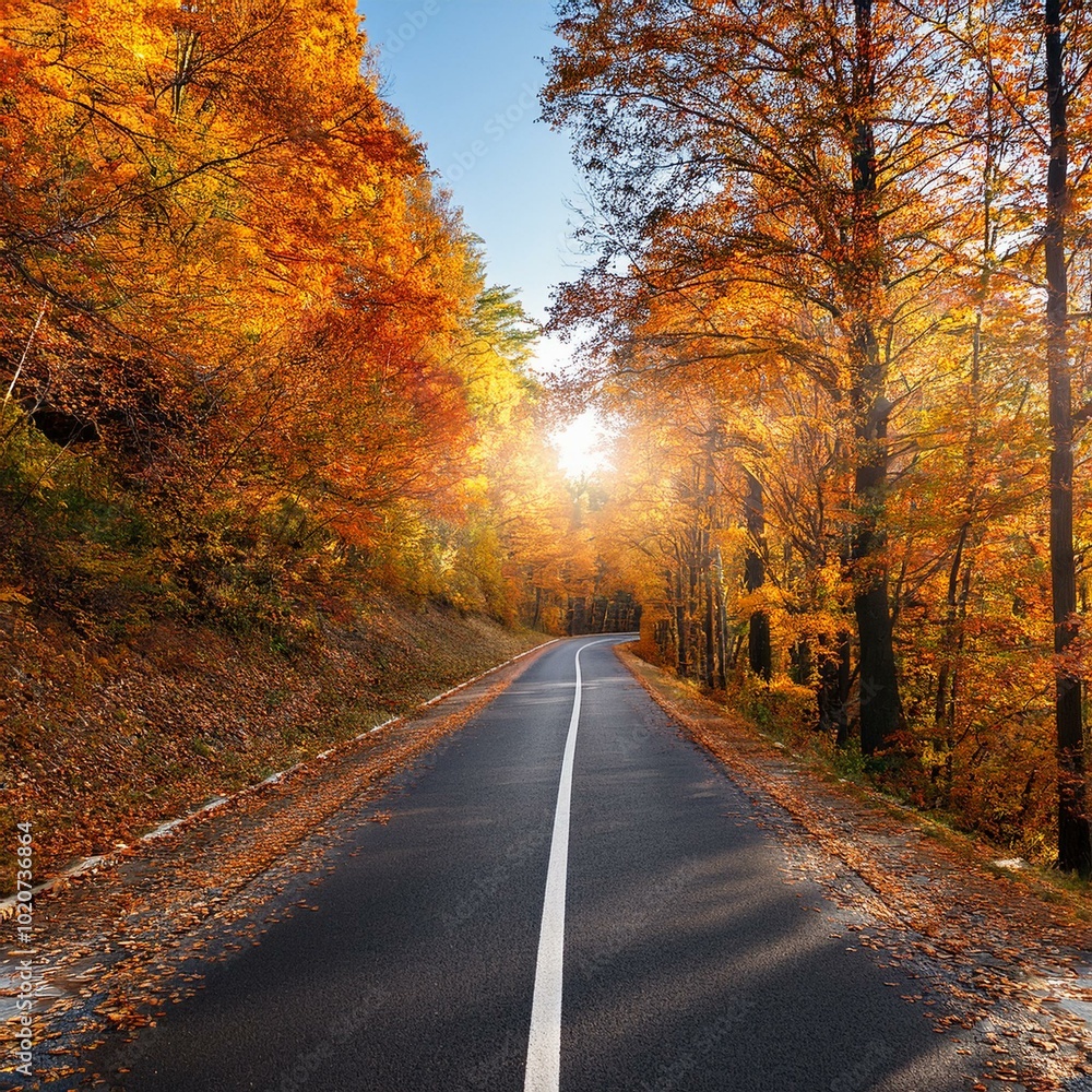 Obraz premium autumn landscape with yellow leaves along an empty asphalt road
