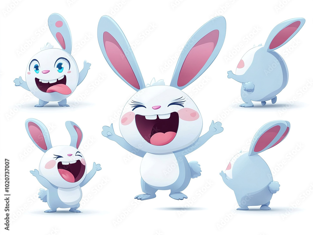 Fototapeta premium Set of cute rabbits in playful cartoon poses, isolated on a white background. 