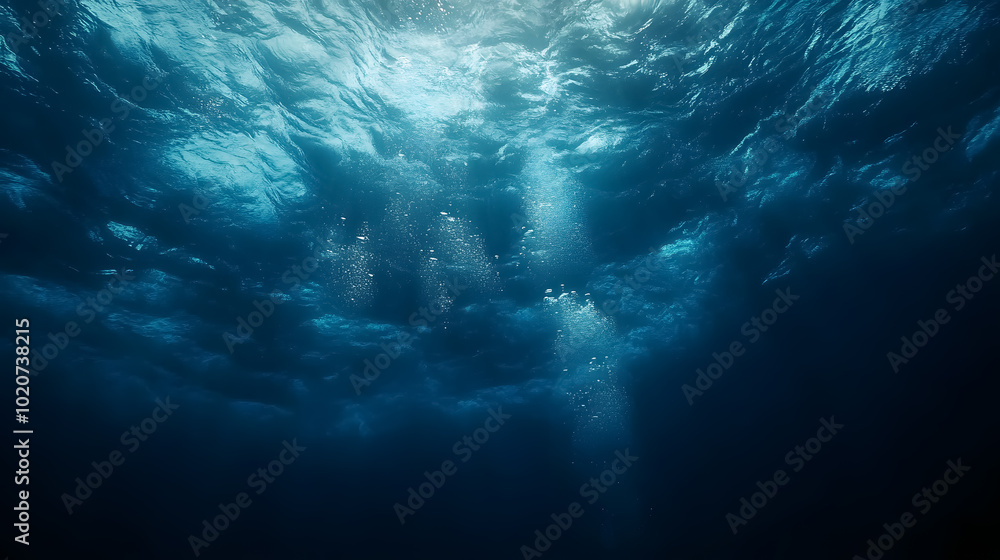 Obraz premium Dark Blue Ocean Surface Seen from Underwater: An underwater view of the ocean surface with a dark blue hue, capturing the depth and mystery of the sea.
