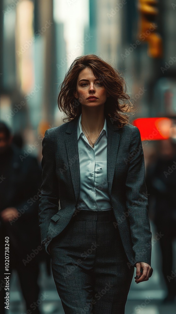 Confident businesswoman walking through a busy urban street, showcasing modern fashion and professional demeanor in a city setting. Confident businesswoman walking through a busy urban street, showcasing modern fashion and professional demeanor in a city setting.