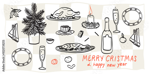 Retro vintage new year drawing set in doodle line art contemporary minimalist print style. Christmas table decorated with candles, food, wine or champagne. Hand drawn ink holiday menu collection.