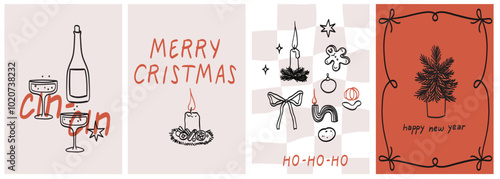 Retro vintage new year drawing set in doodle line art contemporary minimalist print style. Christmas posters decorated with candles, wine or champagne. Hand drawn ink holiday placards collection.