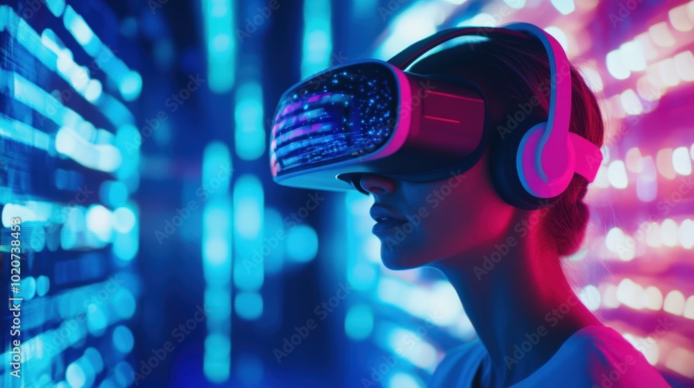 person wearing virtual reality headset in futuristic neon environment person wearing virtual reality headset in futuristic neon environment