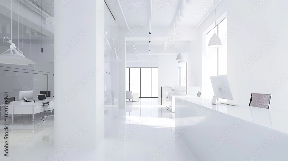 A modern office layout showcasing multiple workstations with sleek white tables and gray upholstered booth seating, designed for a contemporary and efficient work environment A modern office layout showcasing multiple workstations with sleek white tables and gray upholstered booth seating, designed for a contemporary and efficient work environment