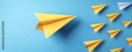 A vibrant scene of yellow paper airplanes soaring against a blue backdrop, symbolizing creativity and the spirit of exploration.