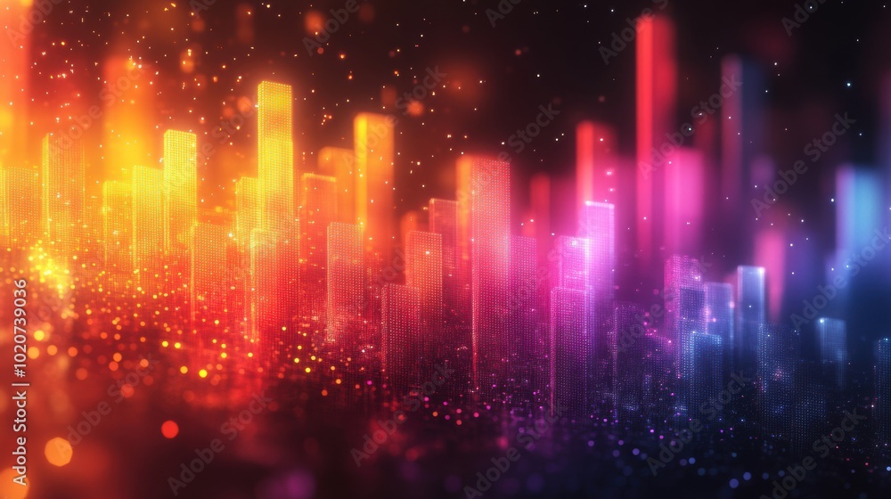 Futuristic glowing skyscrapers with bright neon lights in a digital cityscape, representing technology, innovation, and modern architecture in a vibrant abstract background of urban energy. Futuristic glowing skyscrapers with bright neon lights in a digital cityscape, representing technology, innovation, and modern architecture in a vibrant abstract background of urban energy.