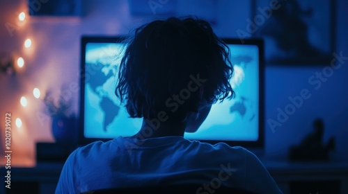 person silhouetted against computer screens