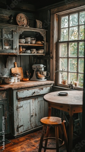 Cozy kitchen with rustic decor, wooden furniture, and natural light creating a warm ambiance.