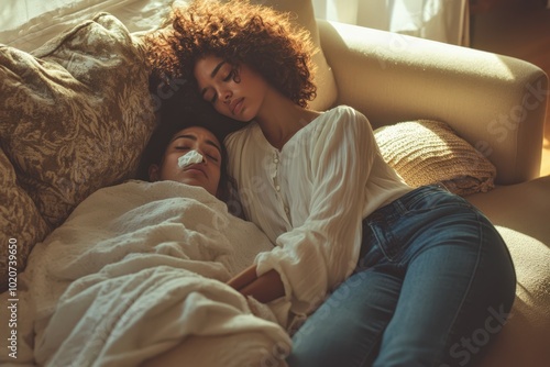 Caring woman comforting sick friend on couch