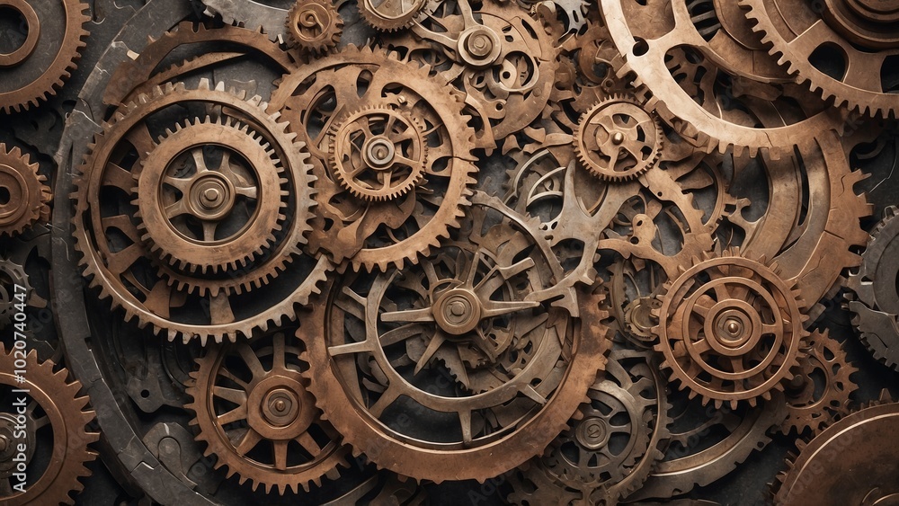 Intricate metal gears in bronze and copper tones representing vintage machinery and industrial complexity Intricate metal gears in bronze and copper tones representing vintage machinery and industrial complexity