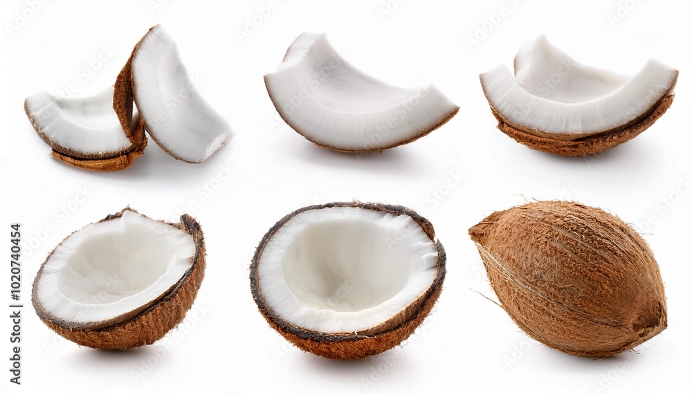 various groups of fresh coconut pieces on white background various groups of fresh coconut pieces on white background