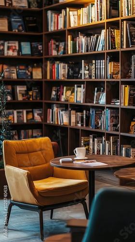 Wallpaper Mural Cozy reading nook with a yellow chair and a cup of coffee, surrounded by shelves of books in a warm library atmosphere. Torontodigital.ca