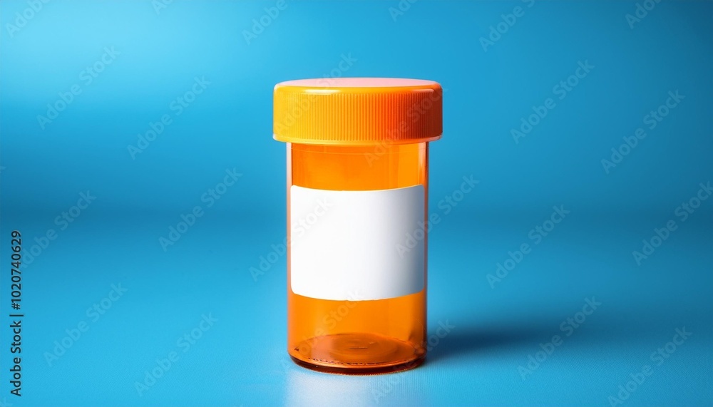 orange pill bottle with blank label on blue background orange pill bottle with blank label on blue background