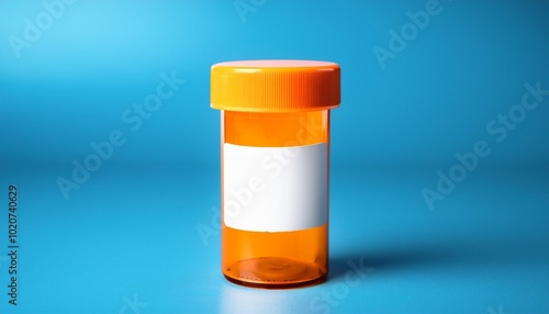 orange pill bottle with blank label on blue background