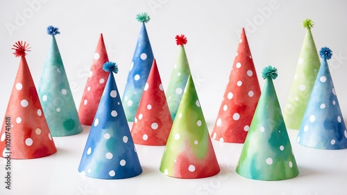 Whimsical Watercolor Party Hats with Polka Dots for Festive Celebrations