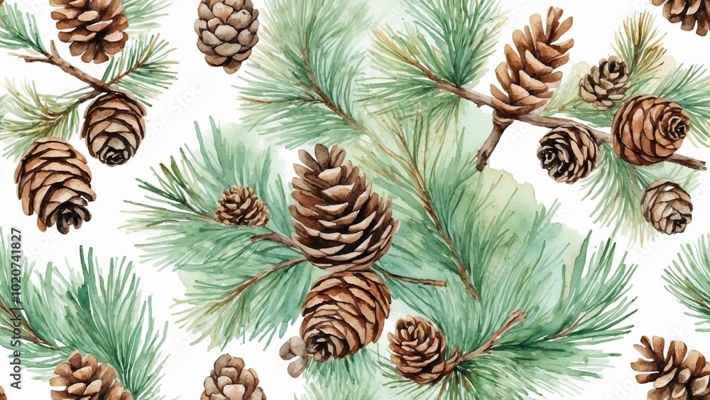Obraz premium Rustic Watercolor Pine Branches and Cones for Natural Winter Decor