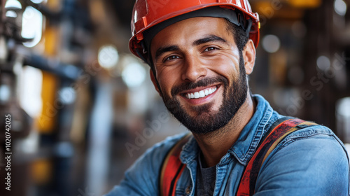 Smiling construction worker wearing a hard hat and denim shirt, bearded man with cheerful expression, confident and professional, industrial background, positive attitude