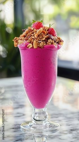 Delicious smoothie topped with granola and fresh strawberries, perfect for a refreshing treat on a warm day. photo