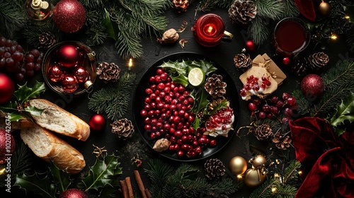 Holiday table setting with cranberries and Christmas decorations