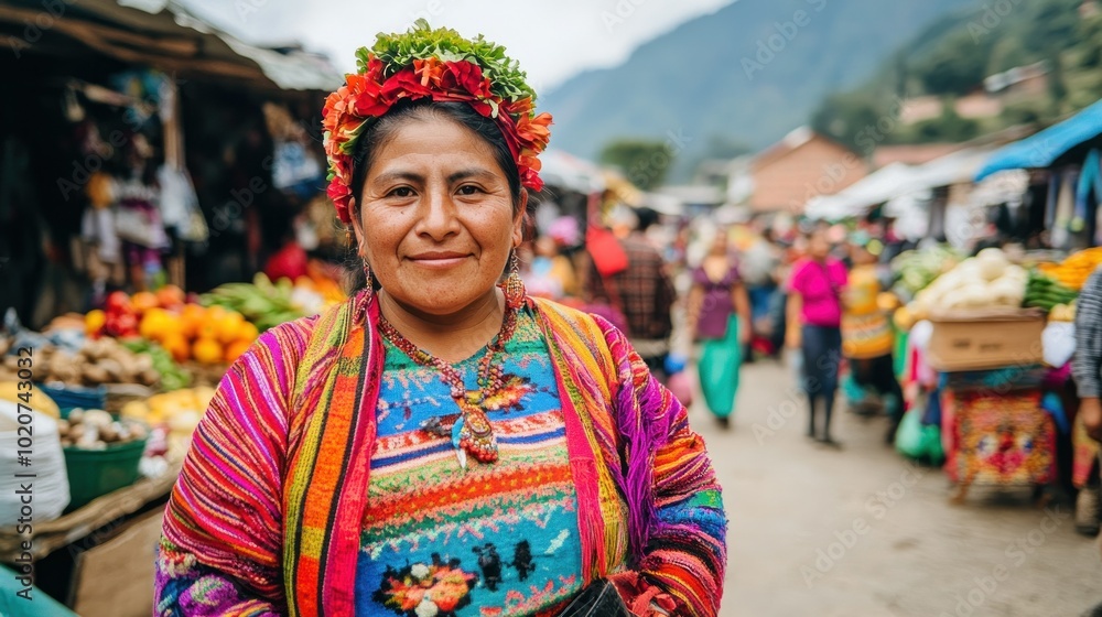 Obraz premium Indigenous Woman in Colorful Clothing at Market
