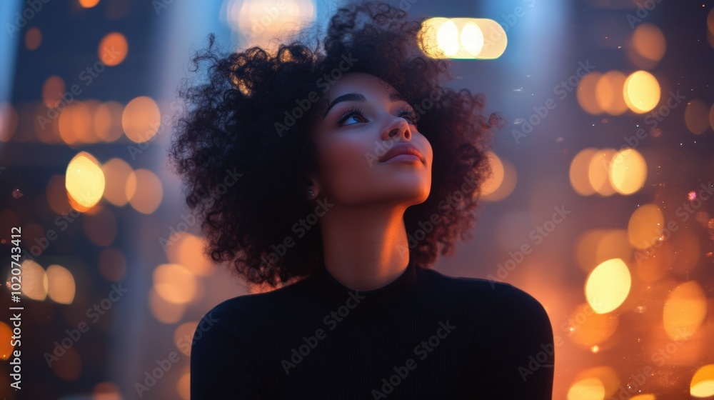 Thoughtful woman gazing at night city lights Thoughtful woman gazing at night city lights