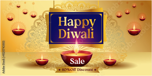 Happy Diwali - festival of lights colorful poster template design with decorative diya lamp happy diwali sele 40% off photo