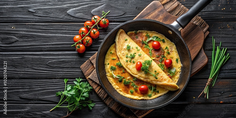French omelet on cast iron pan on rustic background French omelet on cast iron pan on rustic background