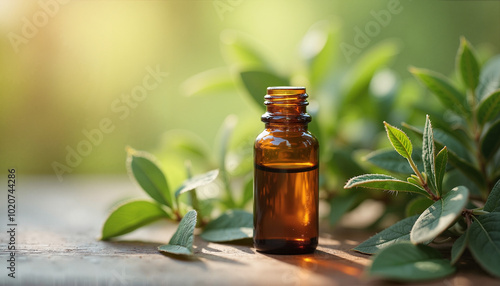 Essential oil bottle surrounded by fresh herbs and plants in natural sunlight 