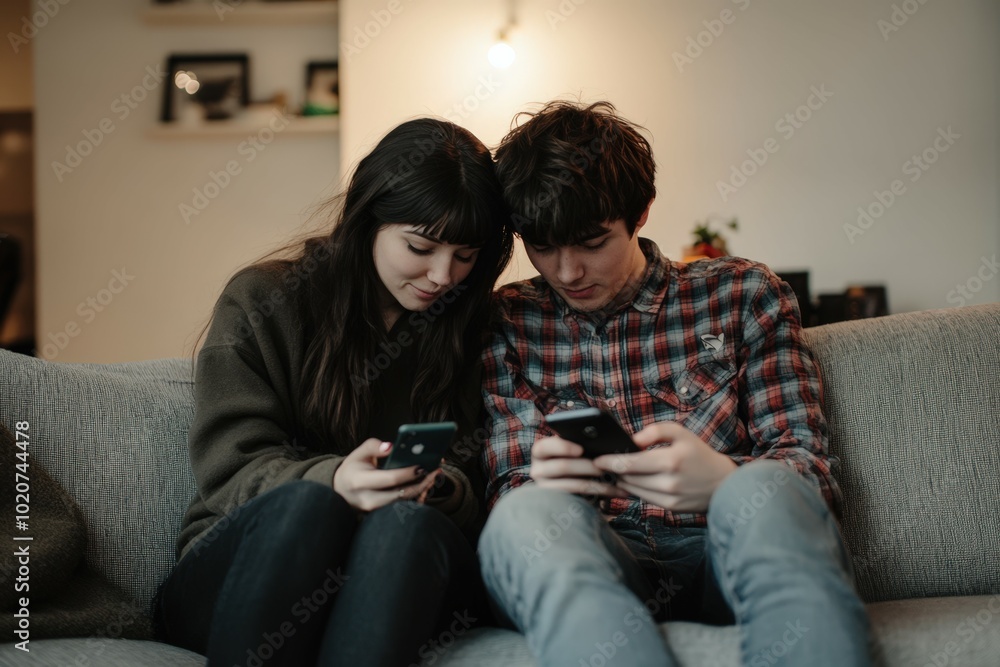Young couple using smartphones together on couch
