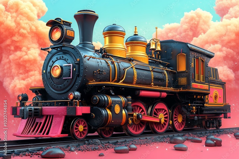 Naklejka premium Vintage Train Illustration, Pink Sky Background