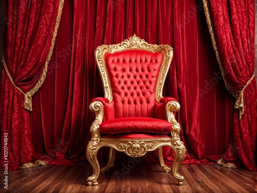 Red royal chair on a background of red curtains. Place for the king. Throne