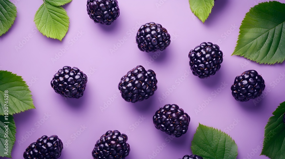 Fresh blackberries scattered on a light purple background with vibrant green leaves, captured from a top view in macro photography, highlighting their juicy texture and minimal food styling. Fresh blackberries scattered on a light purple background with vibrant green leaves, captured from a top view in macro photography, highlighting their juicy texture and minimal food styling.
