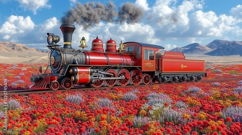 Magical Red Train in Flower Field