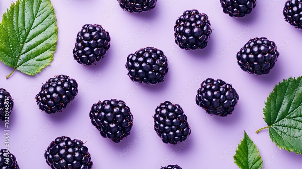 Fresh blackberries scattered on a light purple background with vibrant green leaves, captured from a top view in macro photography, highlighting their juicy texture and minimal food styling. Fresh blackberries scattered on a light purple background with vibrant green leaves, captured from a top view in macro photography, highlighting their juicy texture and minimal food styling.