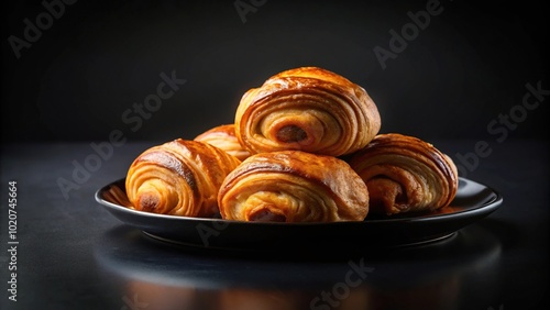 French pastries on black plate isolated on black background, medium shot