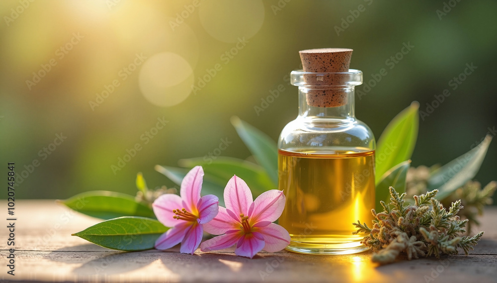 Essential oil bottle with flowers and leaves in natural sunlight
Essential oil bottle with flowers and leaves in natural sunlight