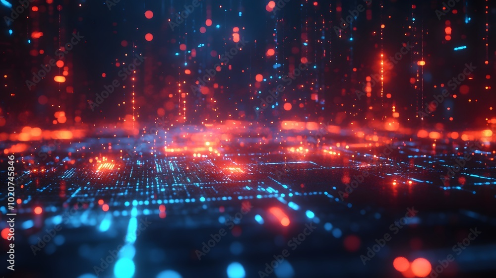 Futuristic digital network with interconnected glowing data nodes in a neon blue and red color scheme, showcasing floating holographic displays against a dark backdrop for a cyberpunk vibe. Futuristic digital network with interconnected glowing data nodes in a neon blue and red color scheme, showcasing floating holographic displays against a dark backdrop for a cyberpunk vibe.