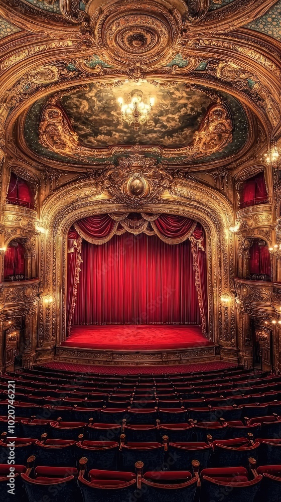 Obraz premium Elegant theater interior with ornate decor, golden accents, and rich red curtains, creating a captivating atmosphere for performances.
