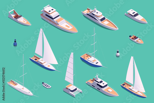 Variety of Boats and Yachts on Teal Background