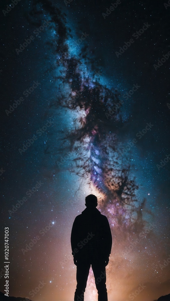 Silhouette of person observing galaxy from the surface of a celestial body at night Silhouette of person observing galaxy from the surface of a celestial body at night