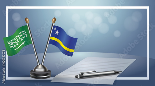 Saudi Arabia and Curacao Small national flag on bokeh background, cooperative relationship