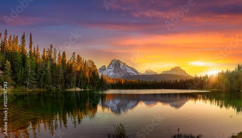a vibrant sunset casts golden light over a tranquil mountain lake framed by towering pine trees and distant snow capped mountains